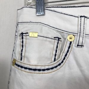 Diane Gilman white jeans with navy accent trim